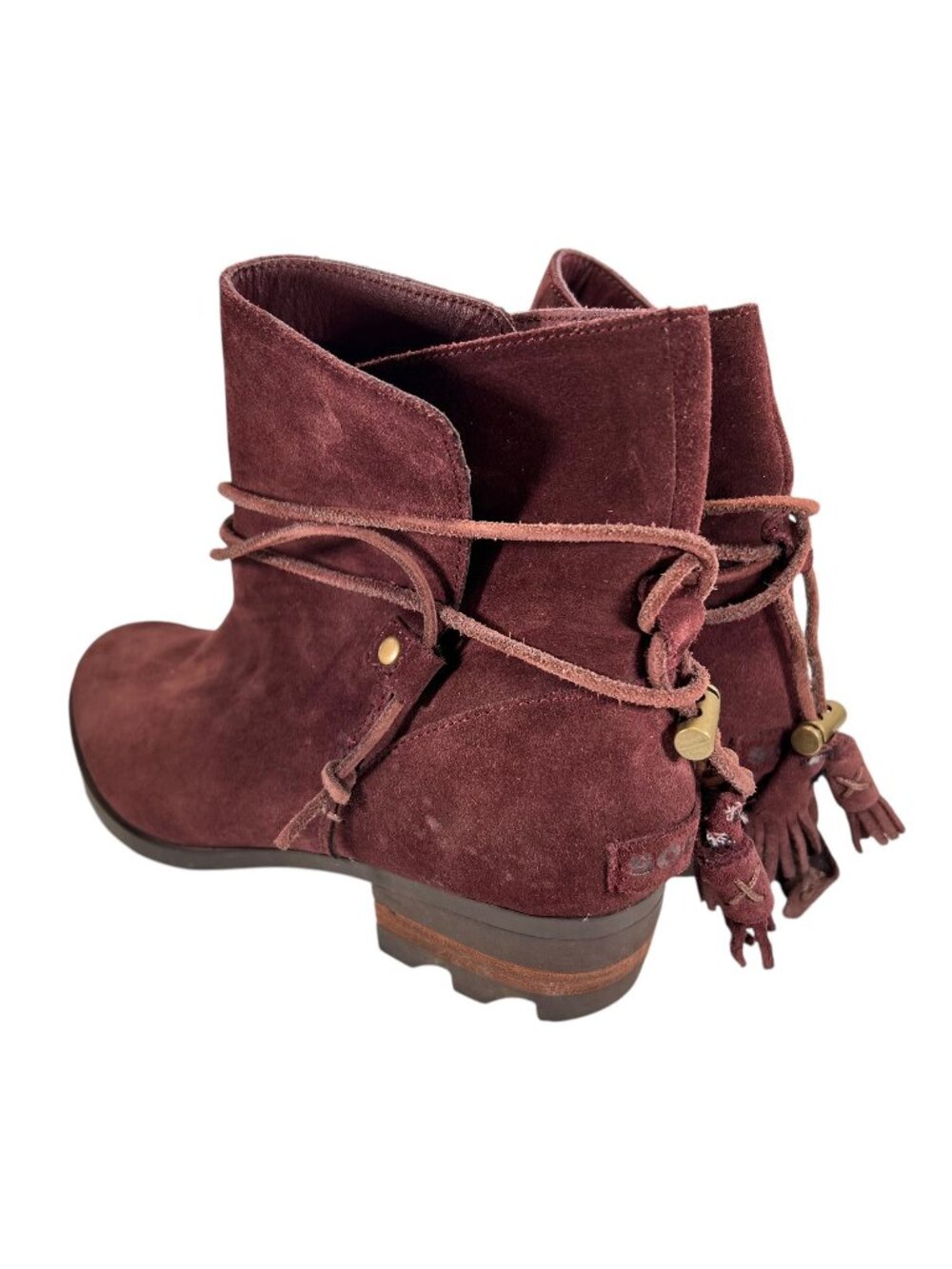 Sorel Farah Burgundy Suede Ankle Boots Wraparound Tassel Laces Low Block Heel